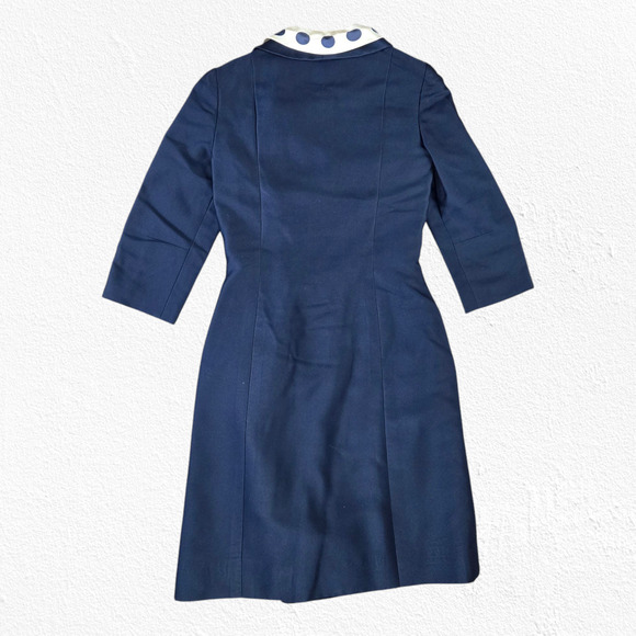 Vintage 1950s Navy Polka Dot Collar Asymmetrical Buttons Flare Dress Size Small - Picture 6 of 9